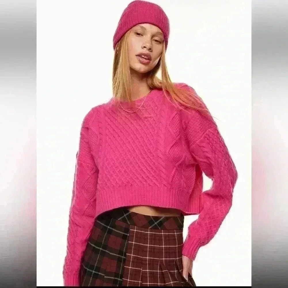 Aritzia Sunday Best Peggy Cropped Merino Wool Cable Knit Sweater Pink XS